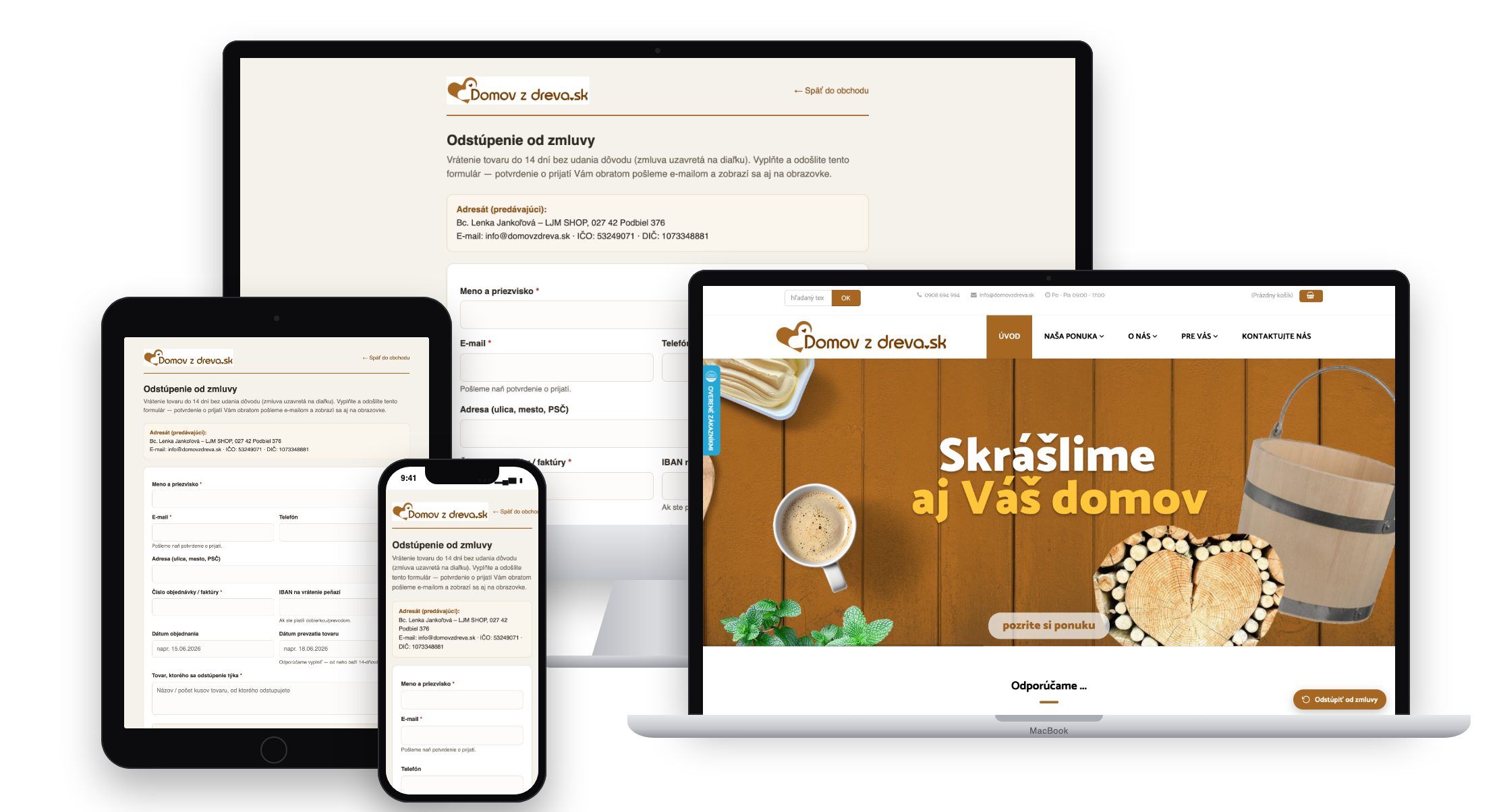 Formulár na odstúpenie od zmluvy na domovzdreva.sk na počítači, notebooku, tablete a telefóne